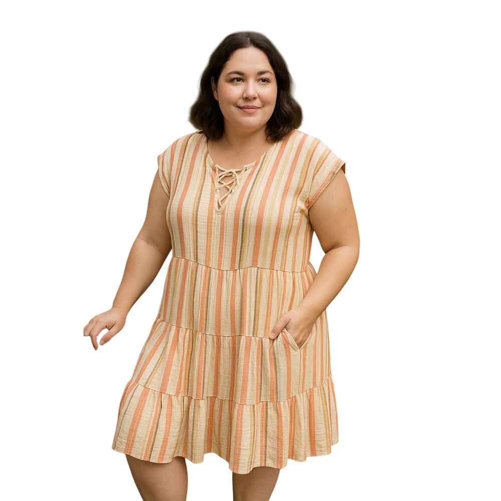 Lane Bryant Striped front lace up knee length tiered dress 100% cotton size 16